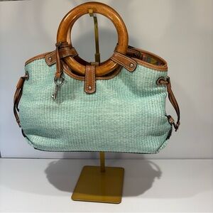 Fossil Mint Green Woven Shoulder Bag with Wooden Handles